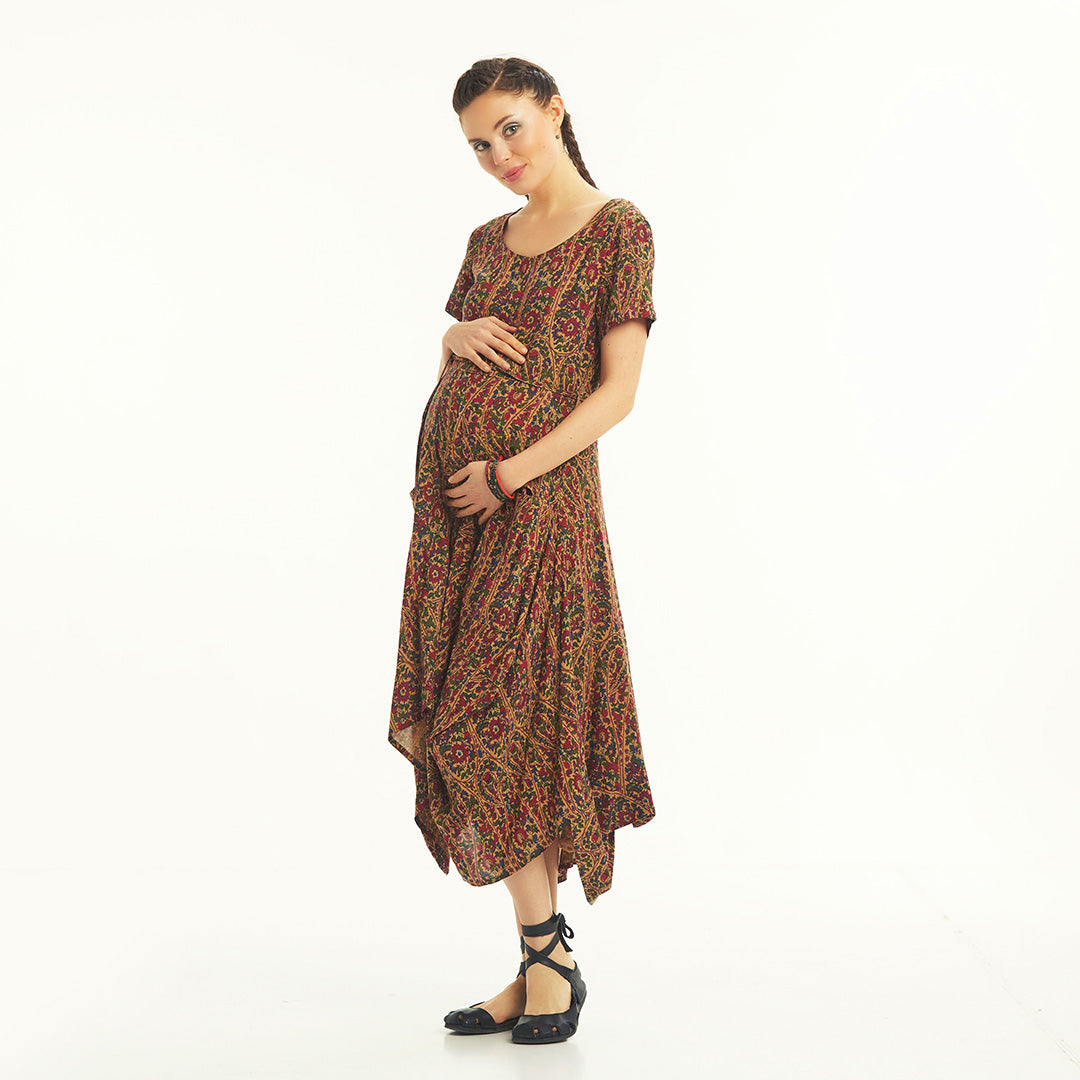 Half Sleeve Claret Red Patterned Long Maternity Dress