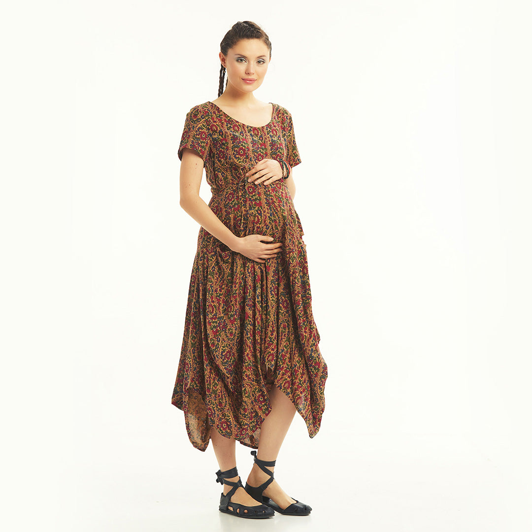Half Sleeve Claret Red Patterned Long Maternity Dress