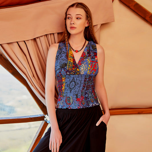 Collared Authentic Indigo Patterned Blouse