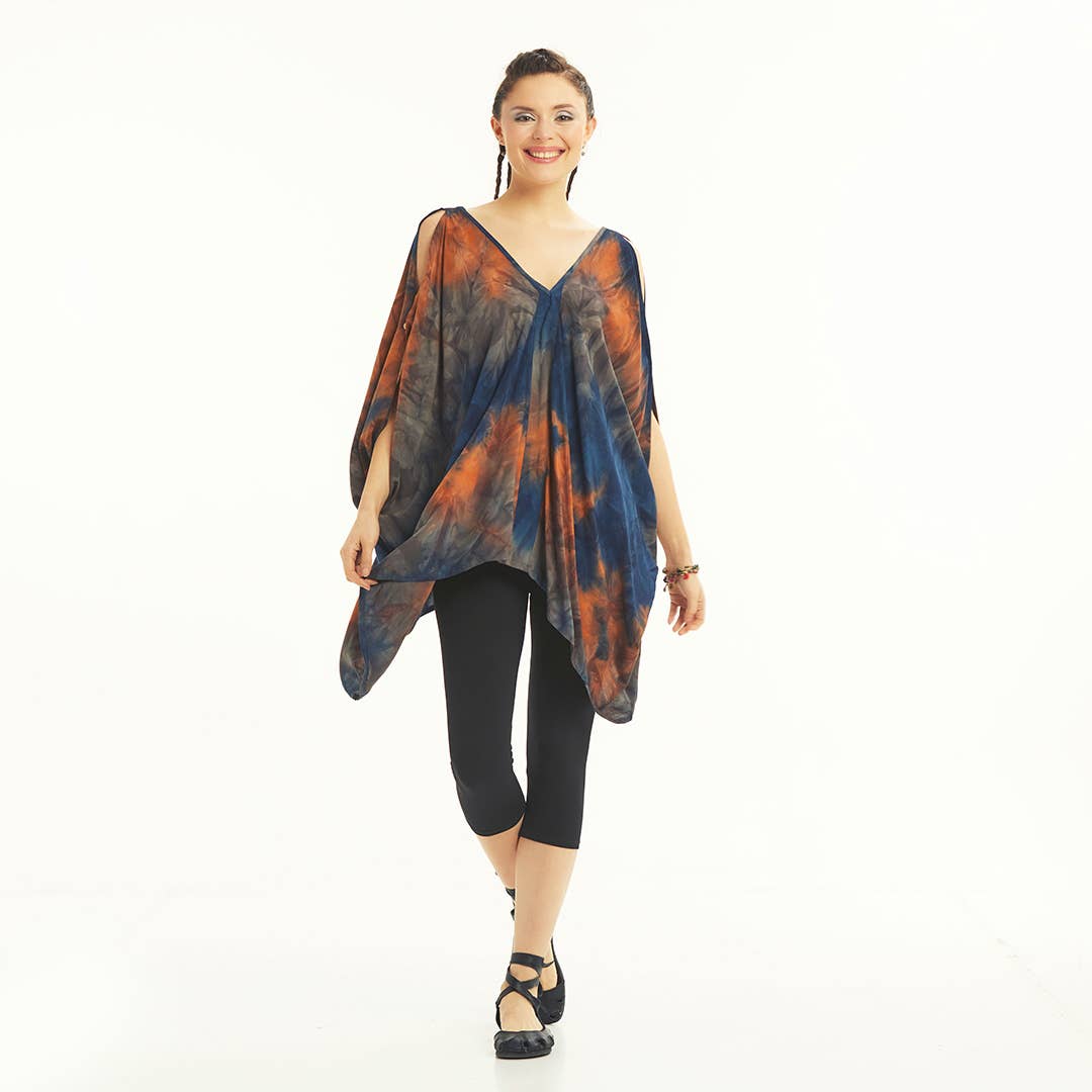 Boat Neck Loose Open Shoulder Blue Dye Blouse