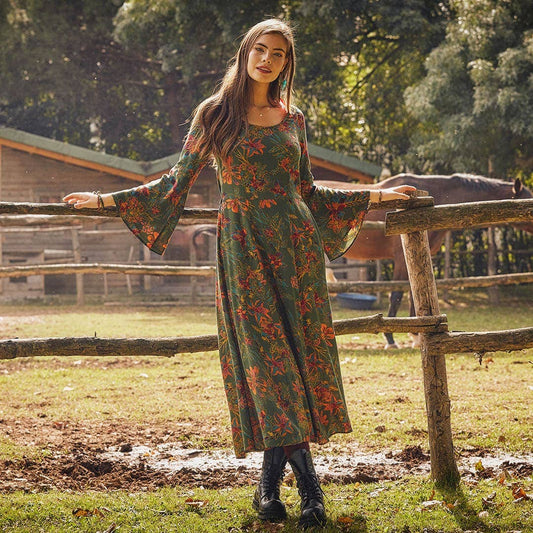 Boat Neck Green Floral Gypsy Style Long Dress