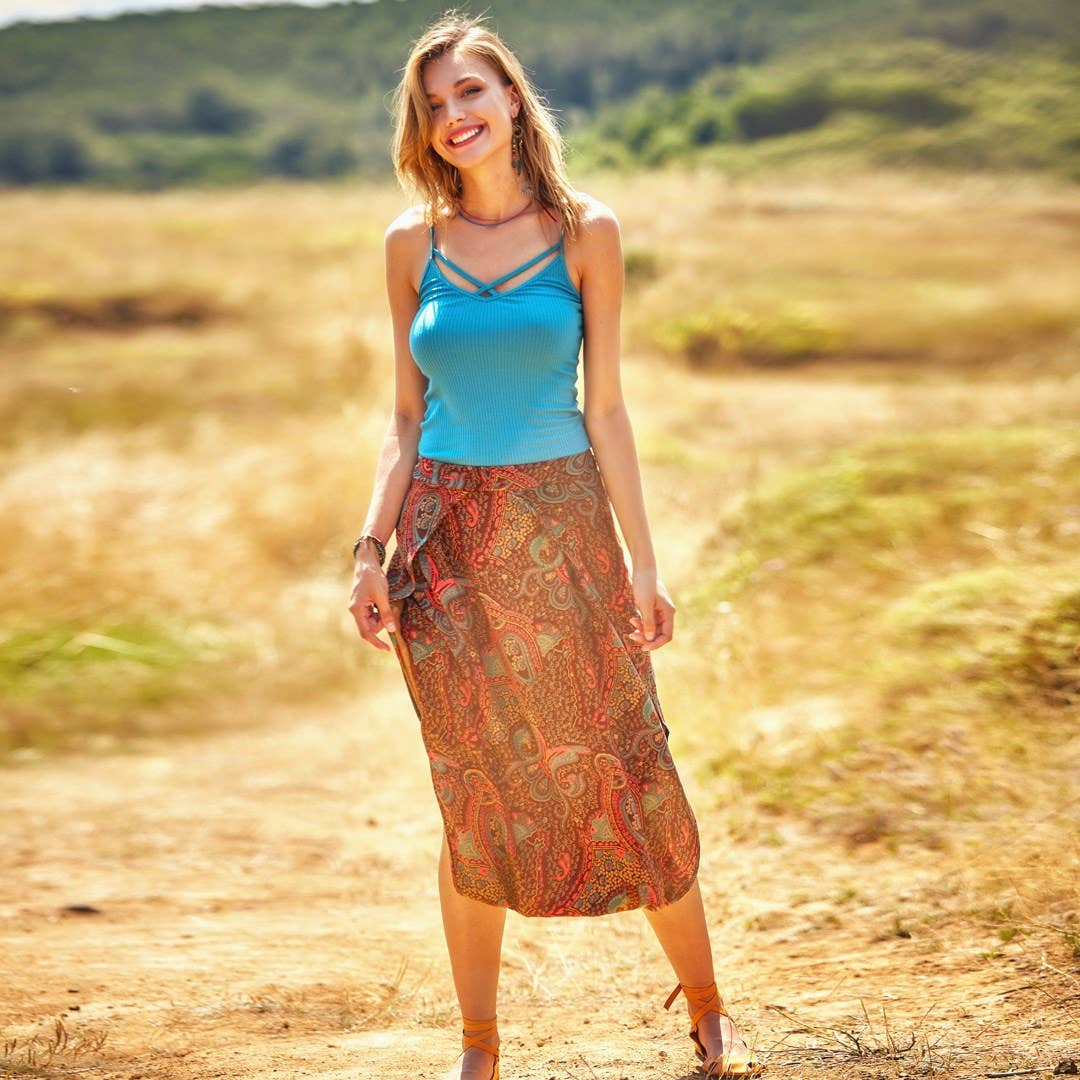 Ethnic Print Low Rise Brown Capri Skirt Pants