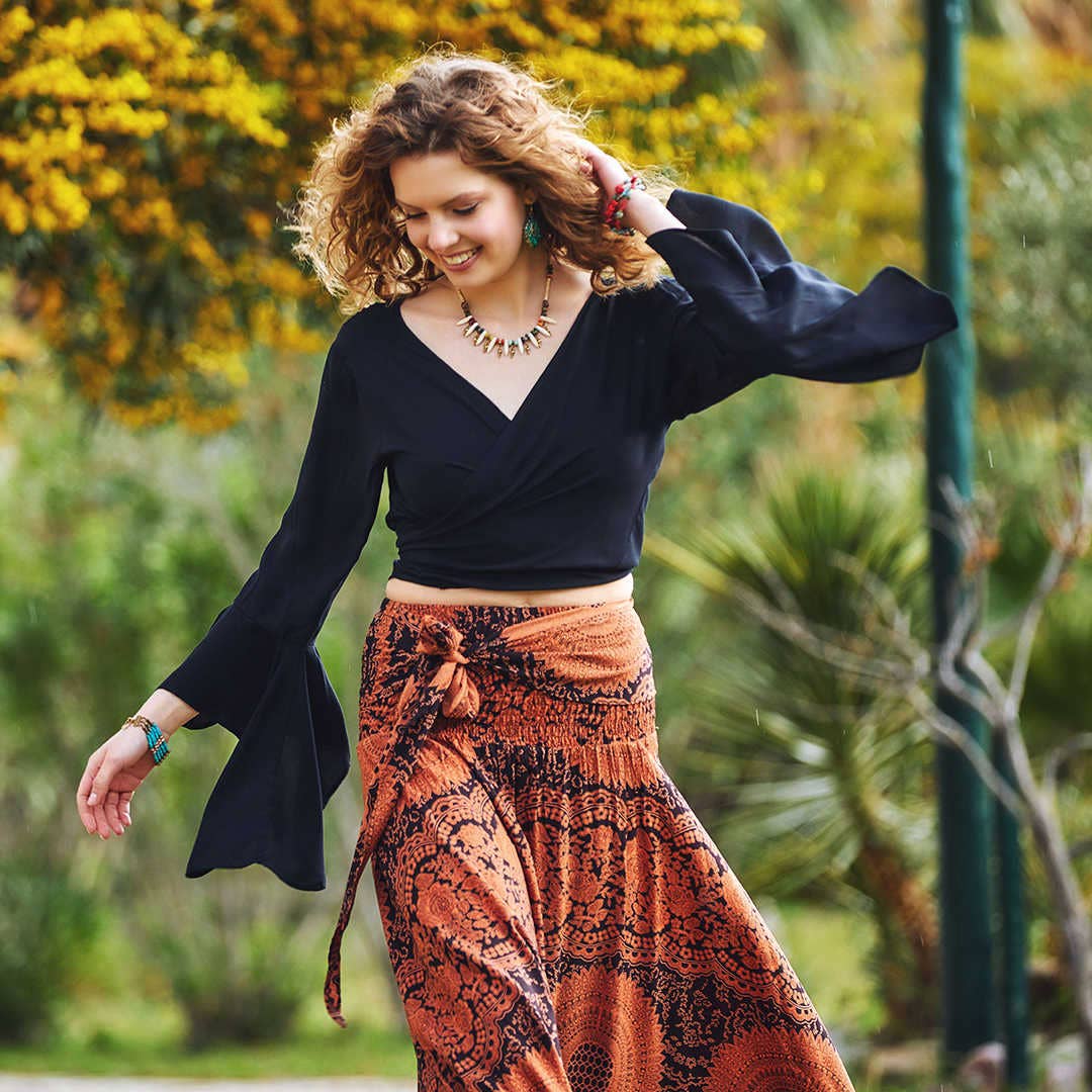 Black Gypsy Style Bell Sleeve Crop Top