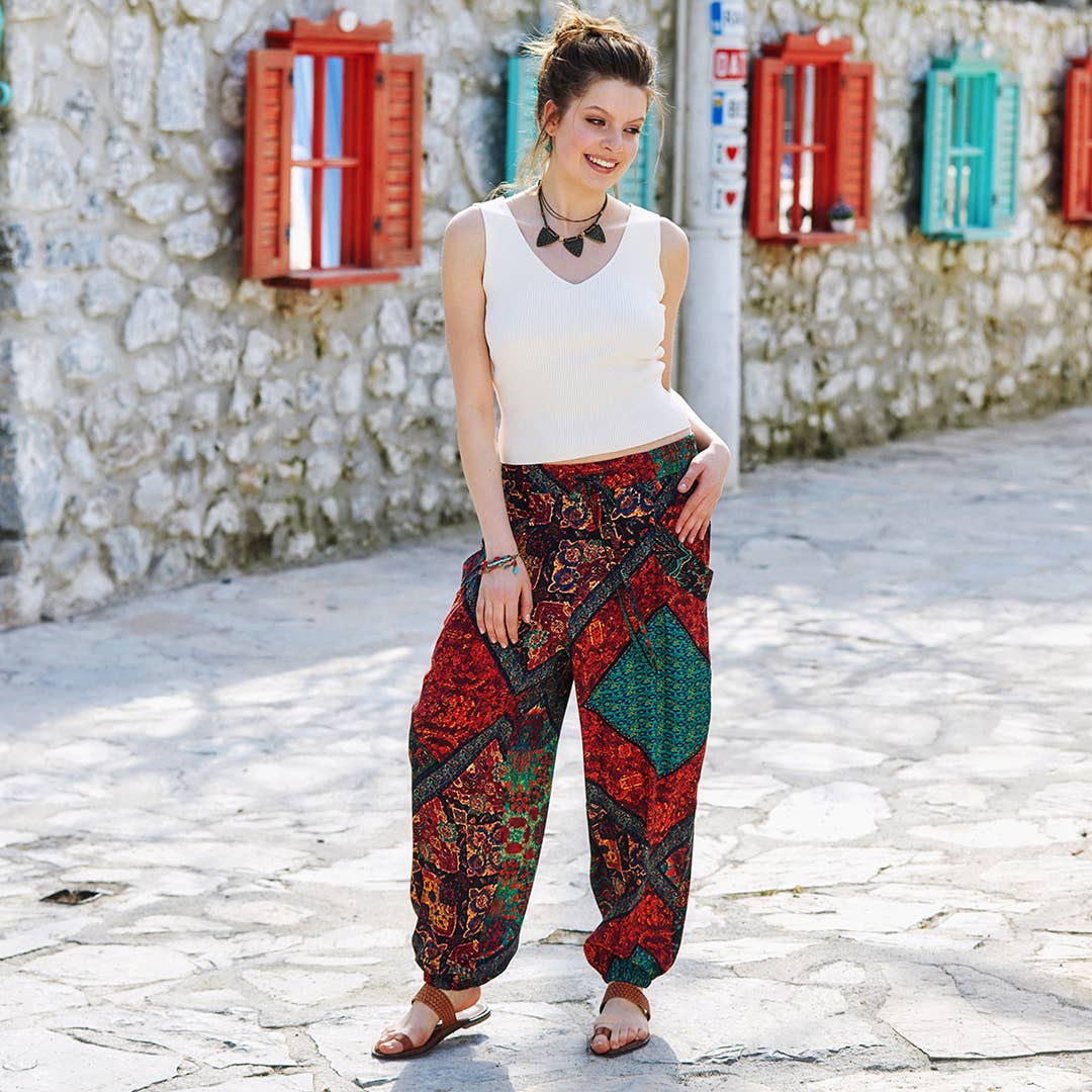 Ethnic Print Elastic Waist Boho Style Baggy Pants