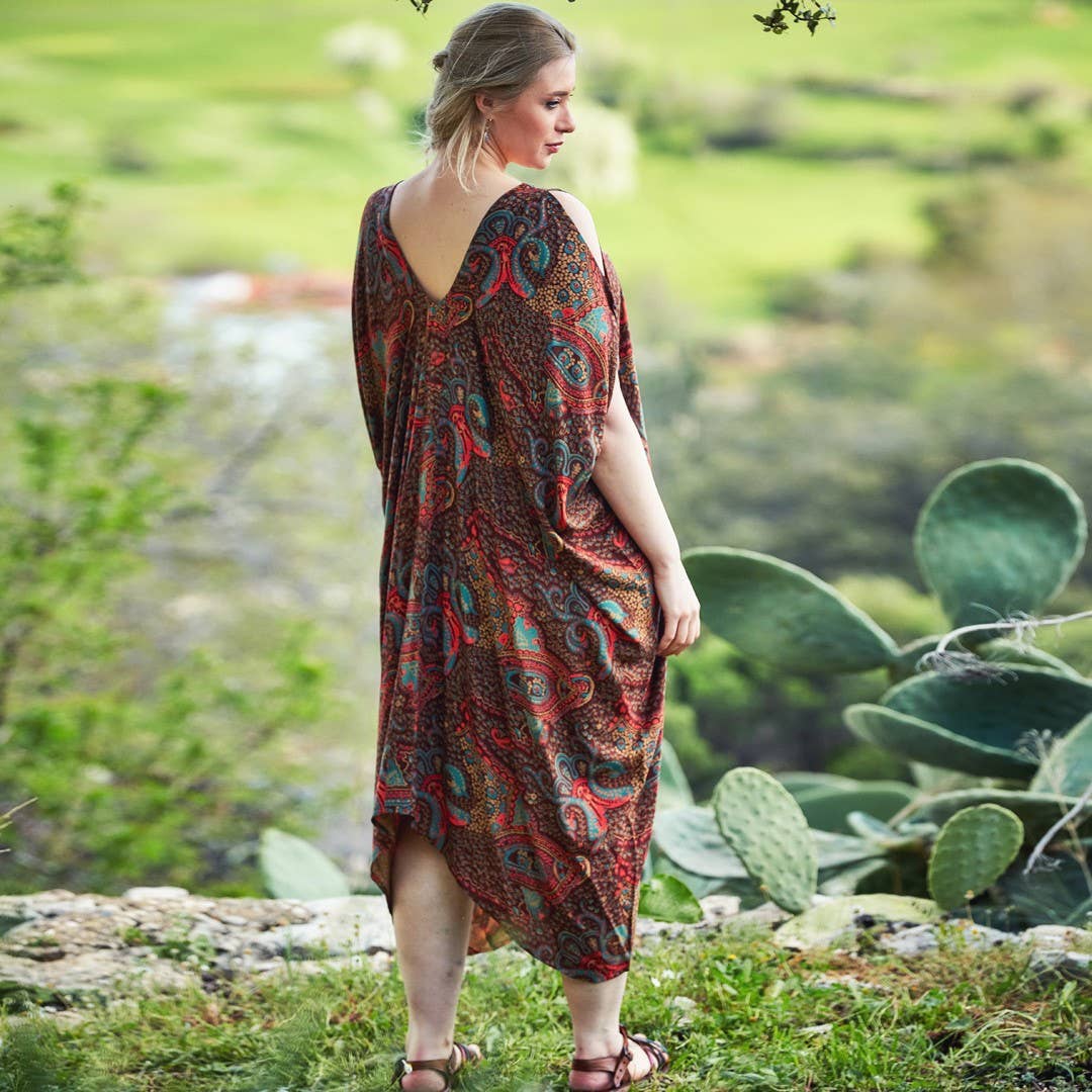 Paisley Print Deep VNeck Plus Size Cold Shoulder Bohem Dress