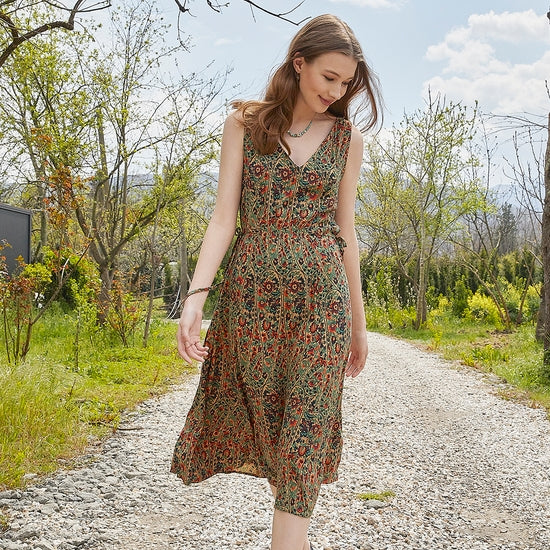 Authentic Green Patterned Boho Chic Summer Day Dress