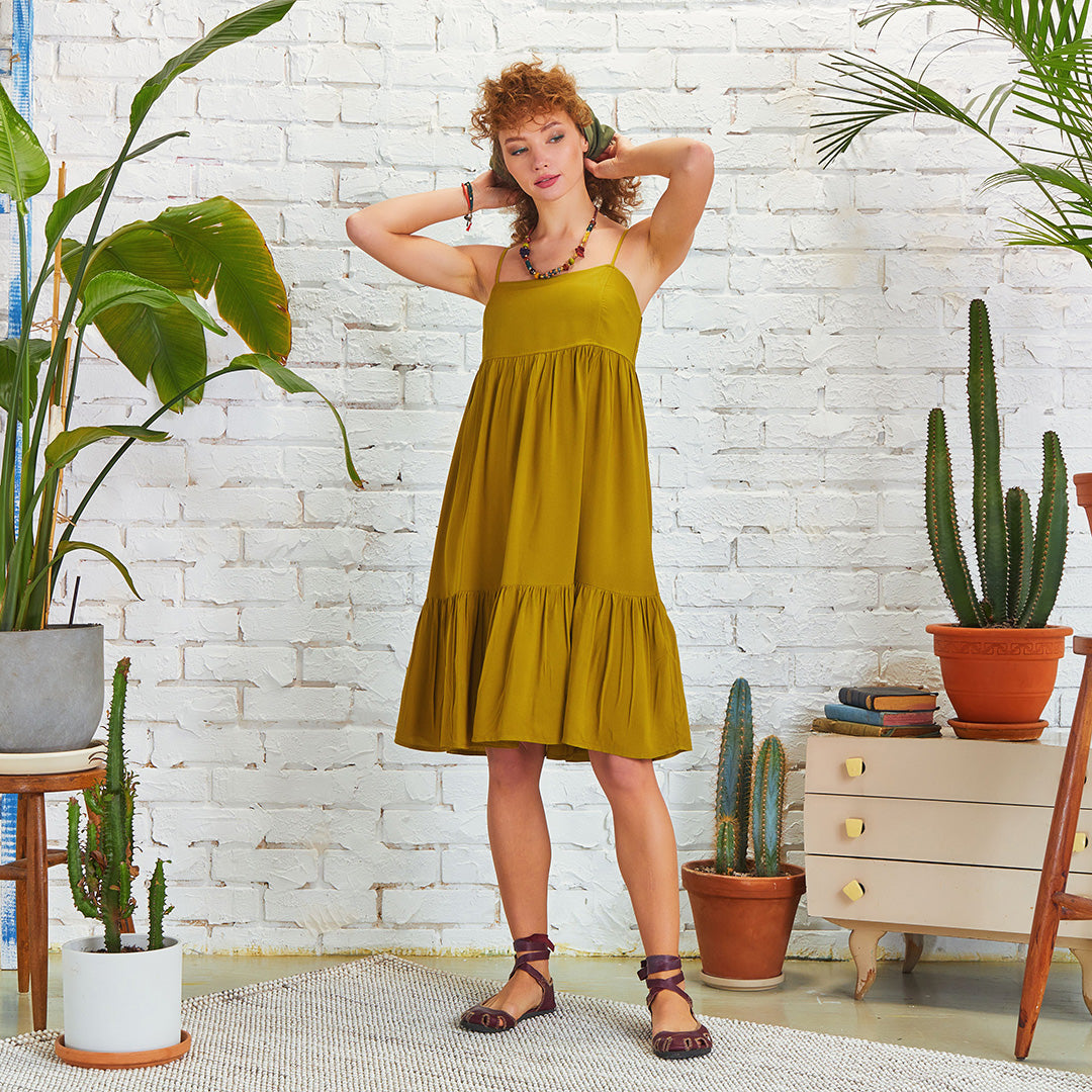 Strappy Square Neck Boho Style Tiered Green Dress