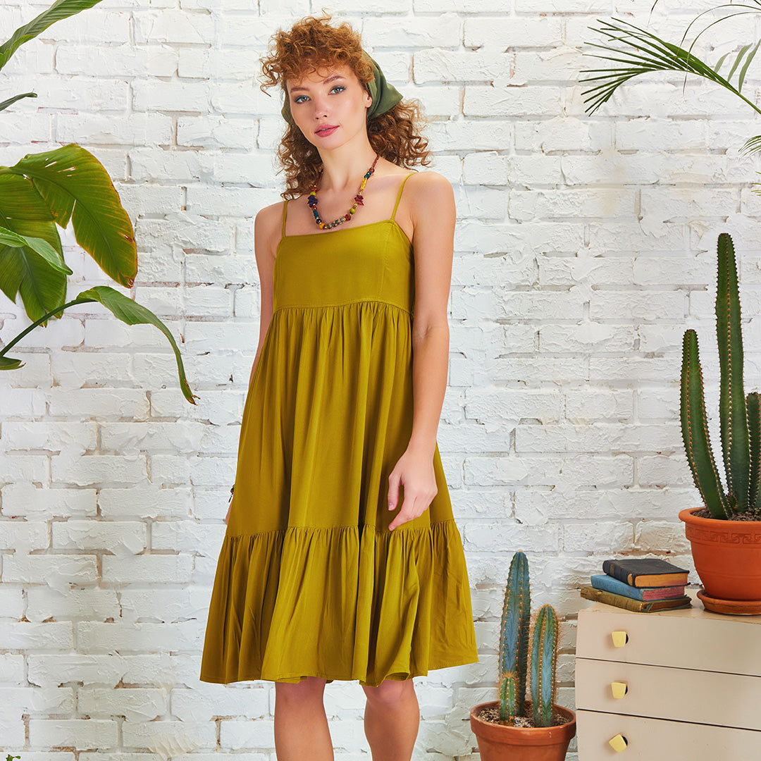 Strappy Square Neck Boho Style Tiered Green Dress