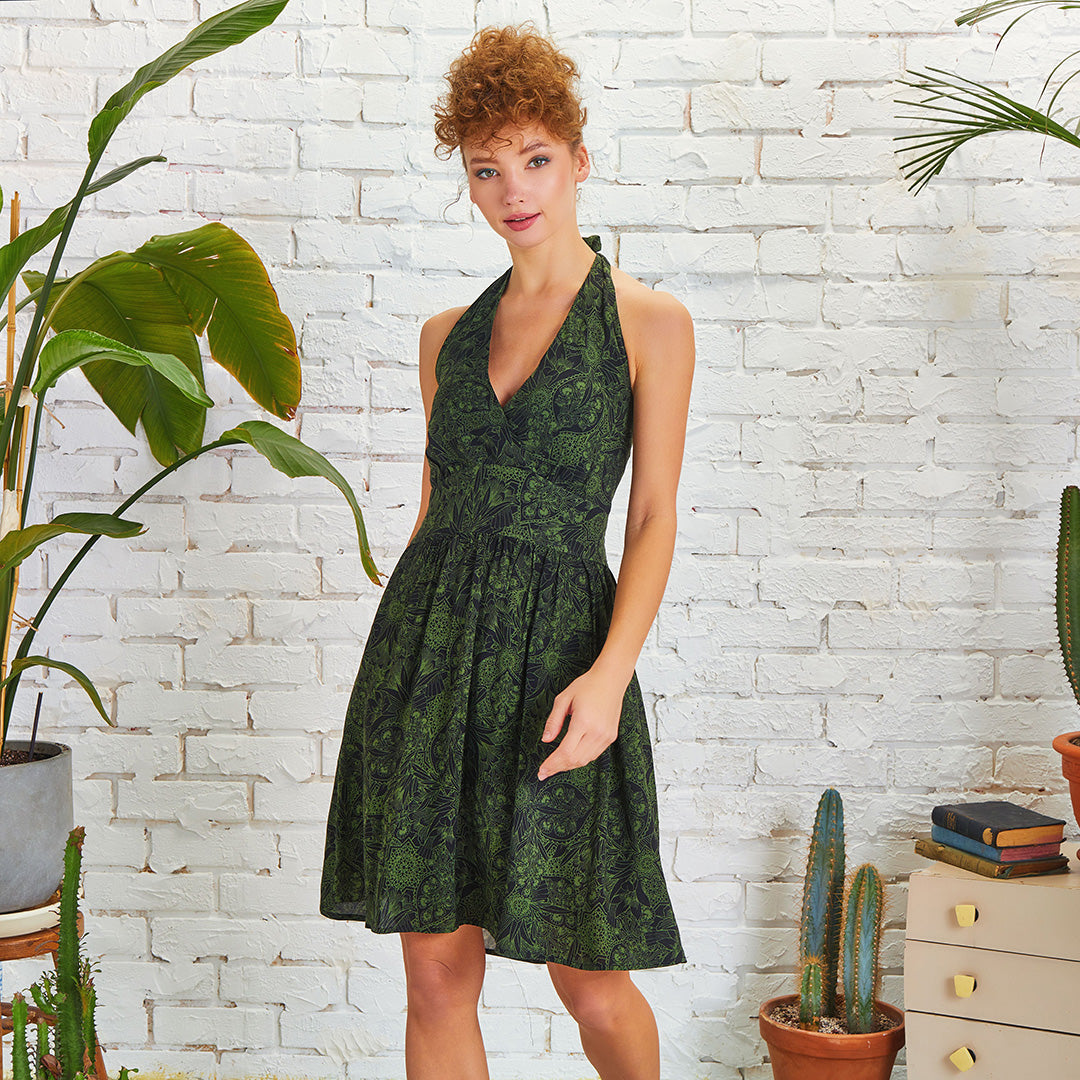 Patterned Tie Neck Gathered Waist Bohemian Skater Dress