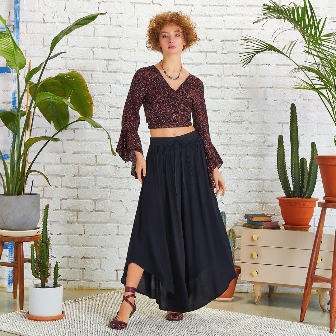 Boho Style Draw String Black Wide Leg Loose Pants