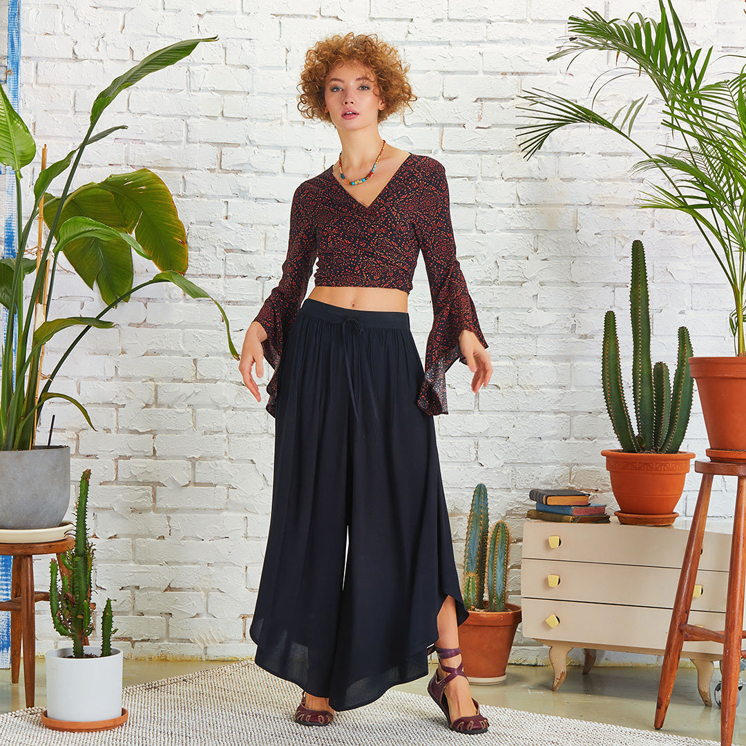 Boho Style Draw String Black Wide Leg Loose Pants