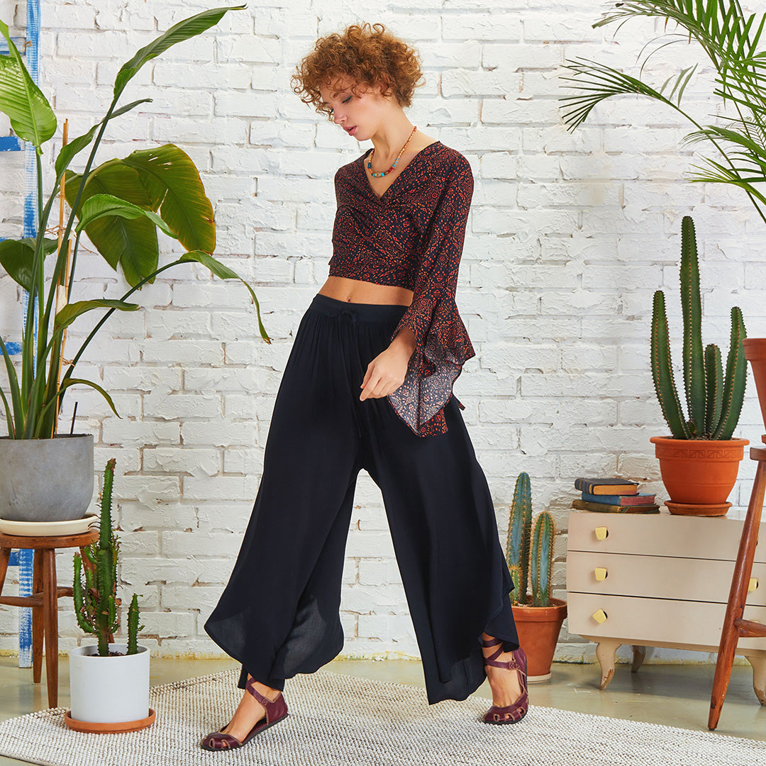 Boho Style Draw String Black Wide Leg Loose Pants