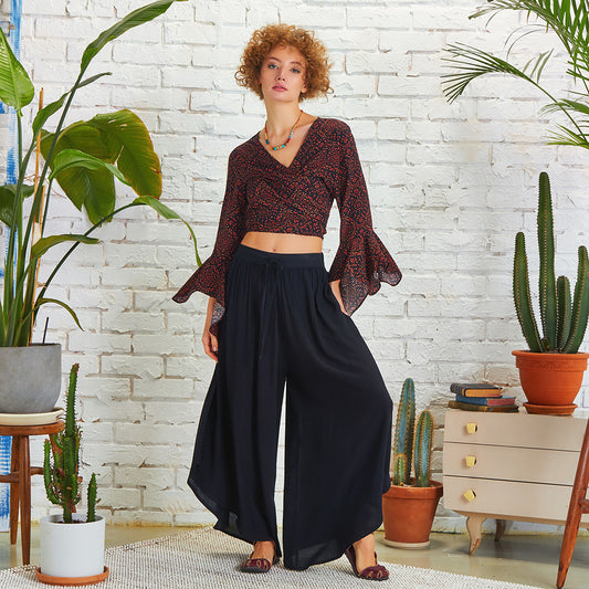 Boho Style Draw String Black Wide Leg Loose Pants