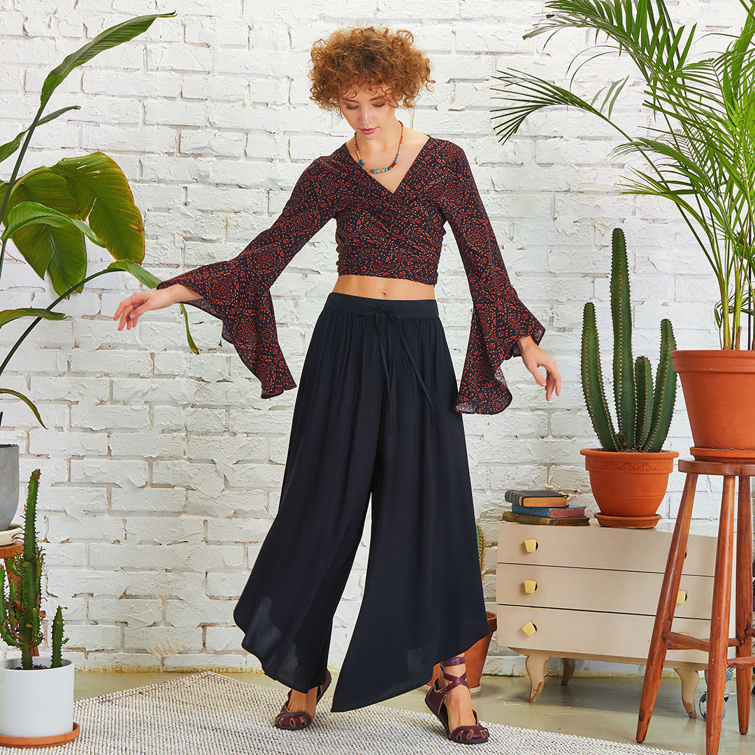 Boho Style Draw String Black Wide Leg Loose Pants