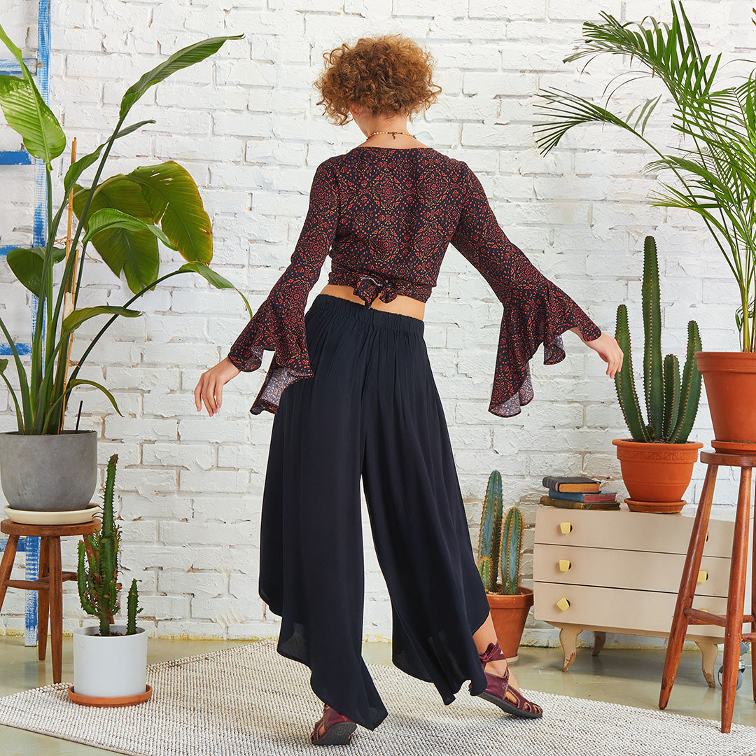 Boho Style Draw String Black Wide Leg Loose Pants