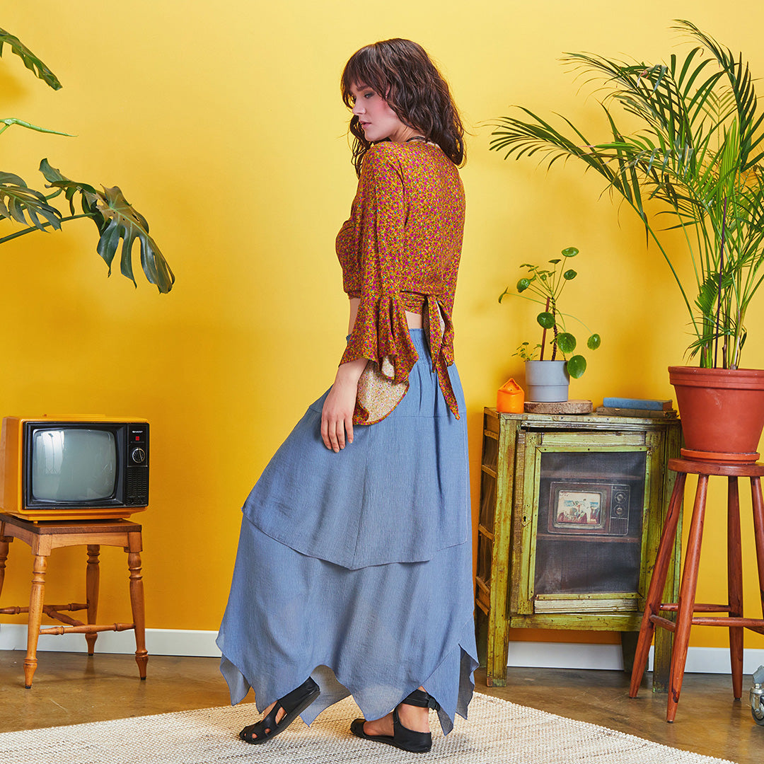 Smocked Waist Layered Blue Maxi Boho Skirt