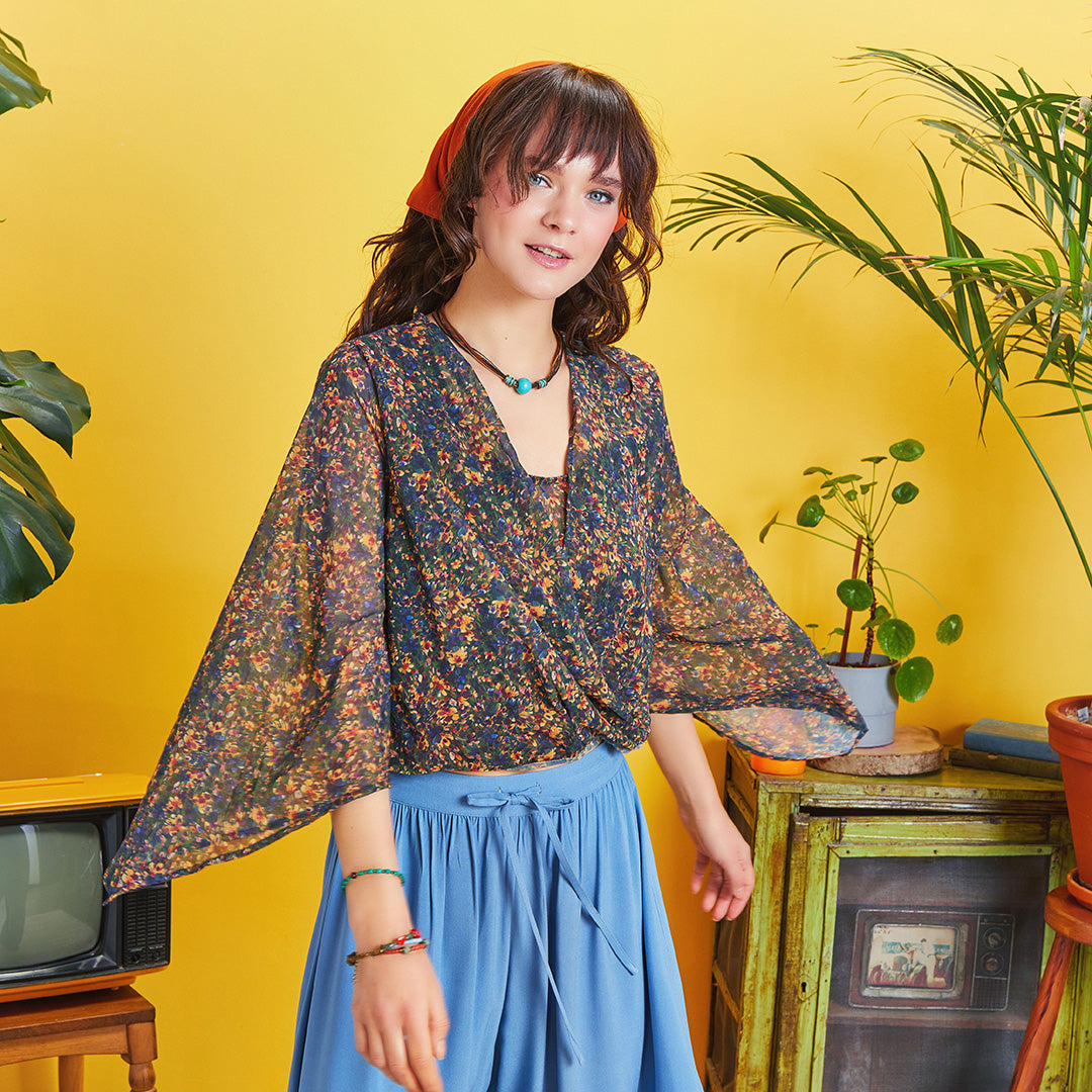Wrap Front Chiffon Blue Floral Bell Sleeve Top