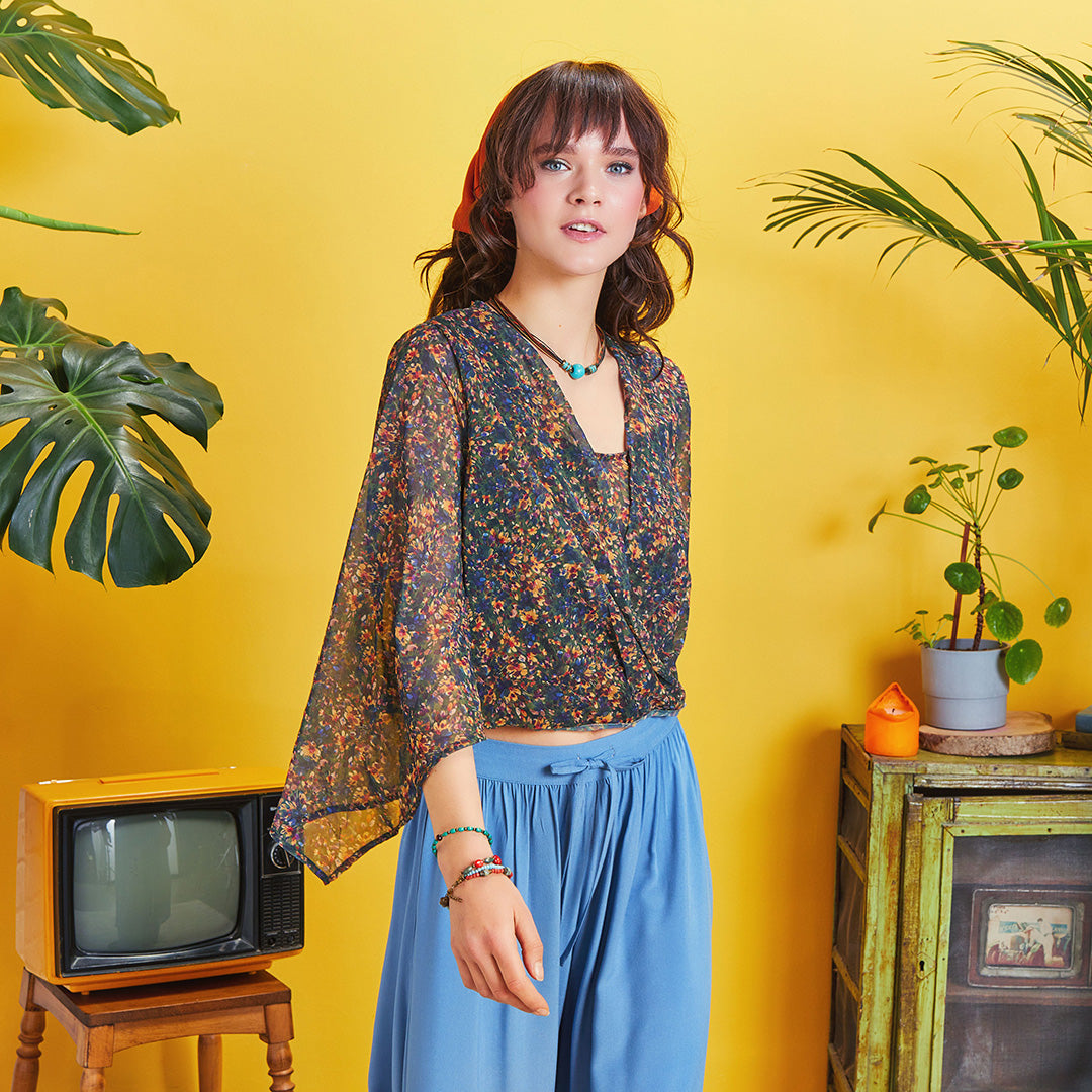 Wrap Front Chiffon Blue Floral Bell Sleeve Top