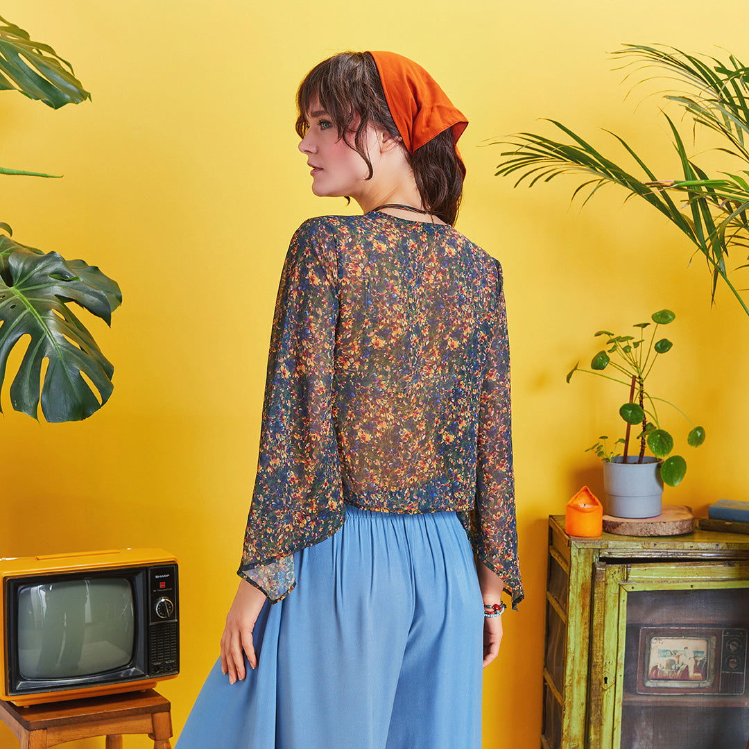 Wrap Front Chiffon Blue Floral Bell Sleeve Top