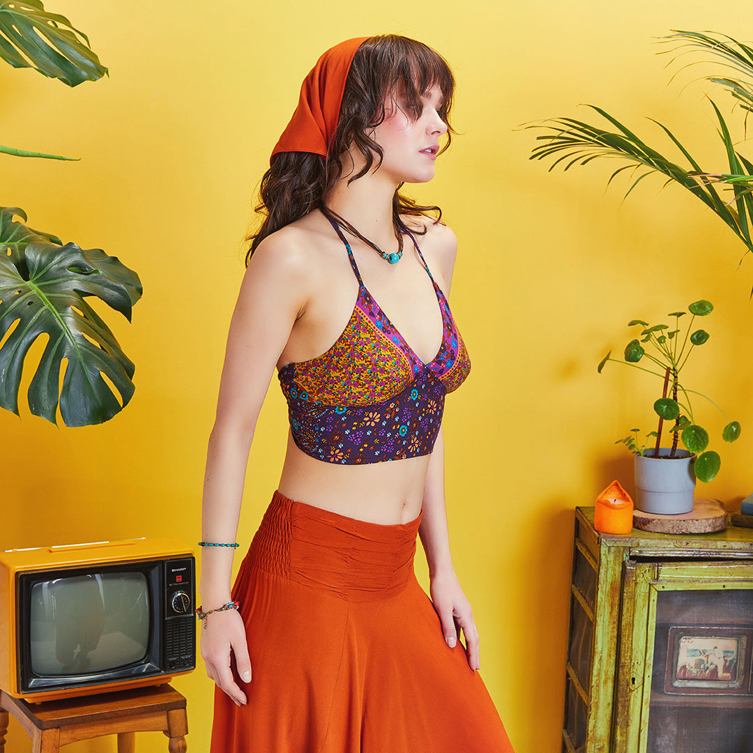 Gathered Tie Back Bust Cup Halter Ethnic Print Crop Top