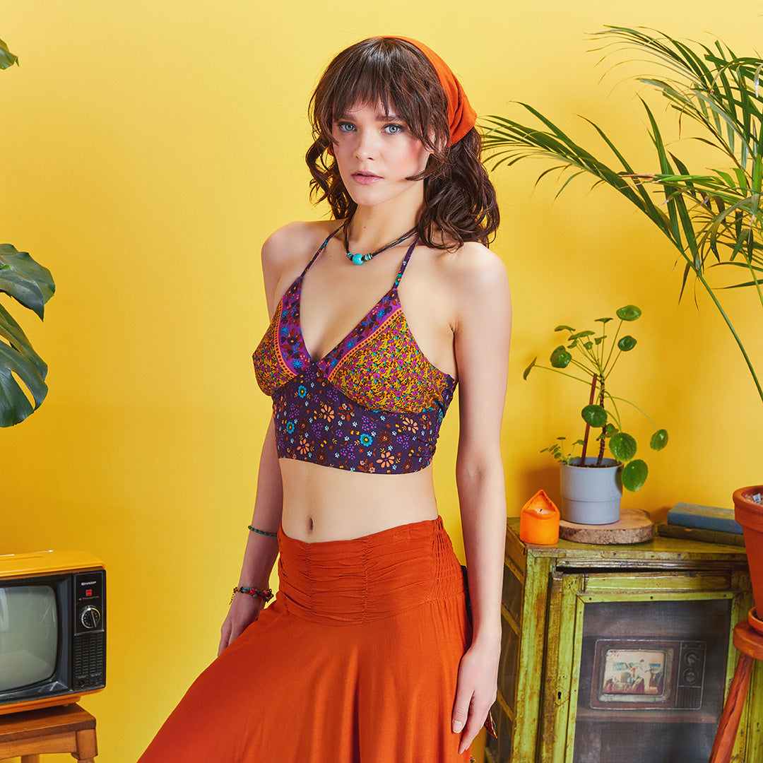 Gathered Tie Back Bust Cup Halter Ethnic Print Crop Top