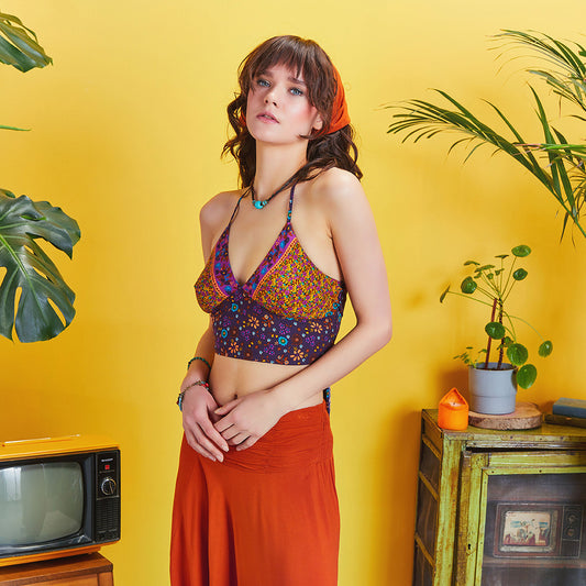 Gathered Tie Back Bust Cup Halter Ethnic Print Crop Top