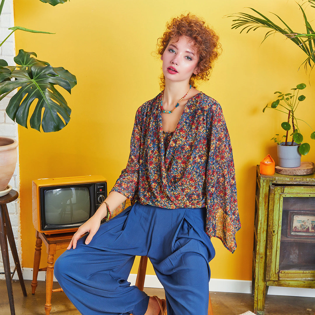 Wrap Front Chiffon Red Floral Bell Sleeve Top
