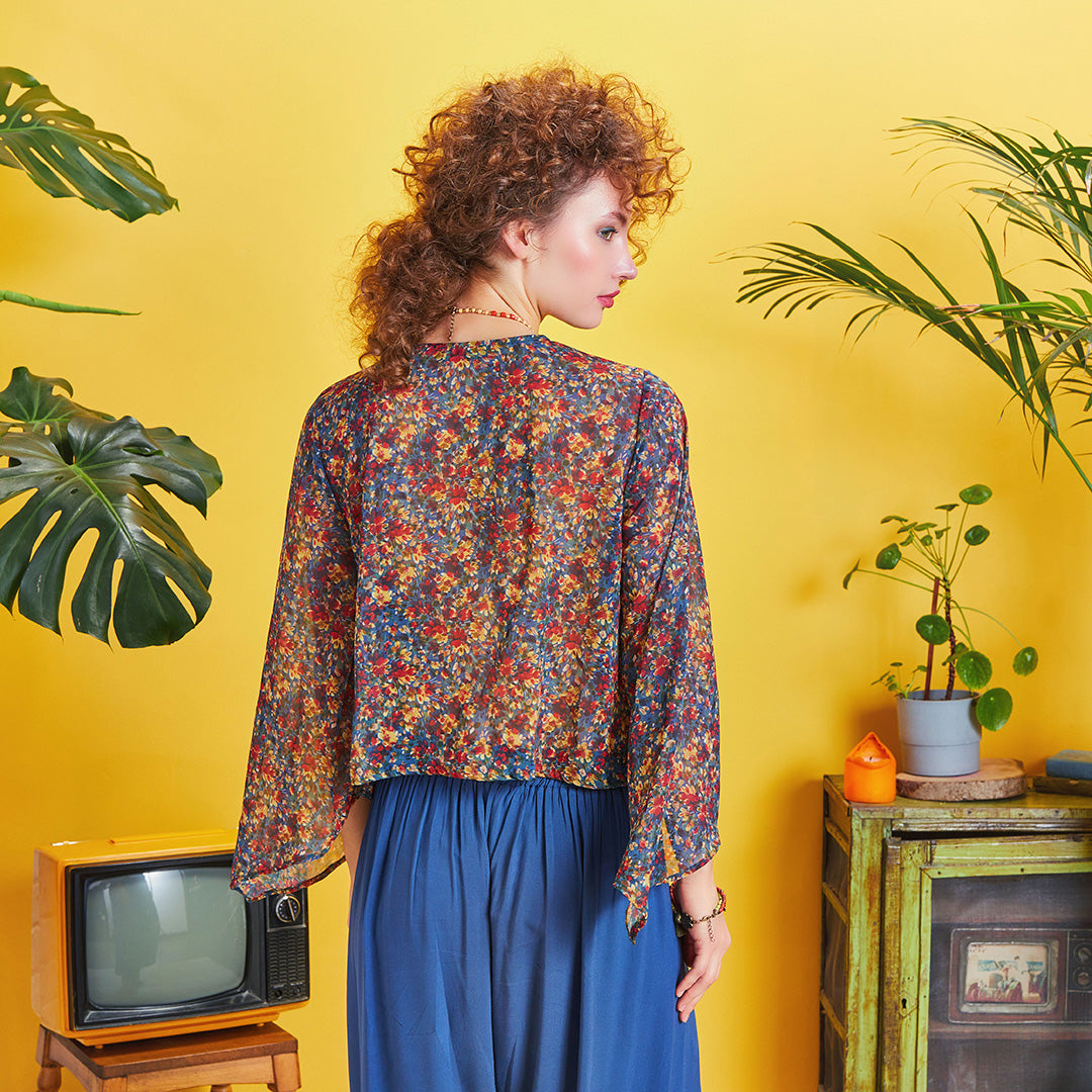 Wrap Front Chiffon Red Floral Bell Sleeve Top