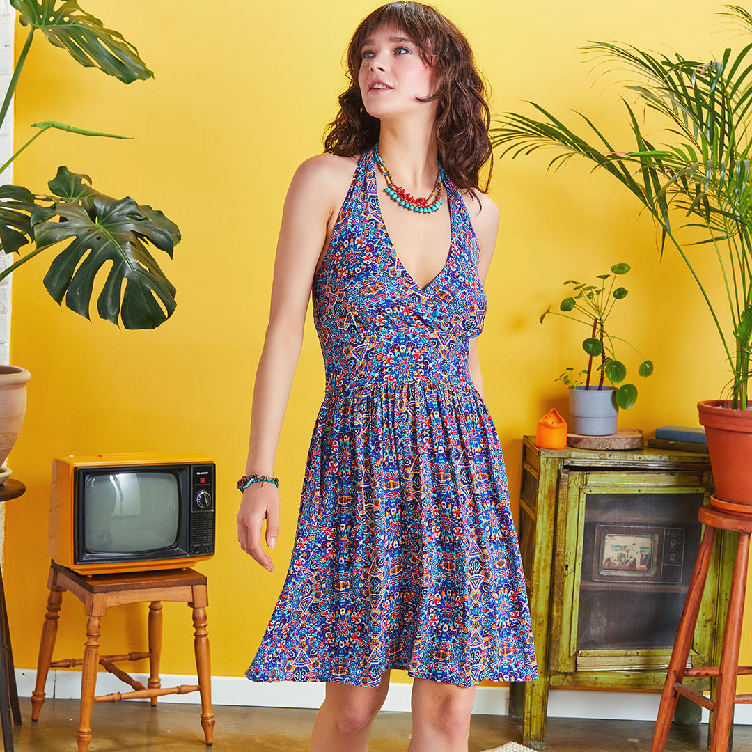 Blue Patterned Tie Neck Gathered Waist Bohemian Skater Dress