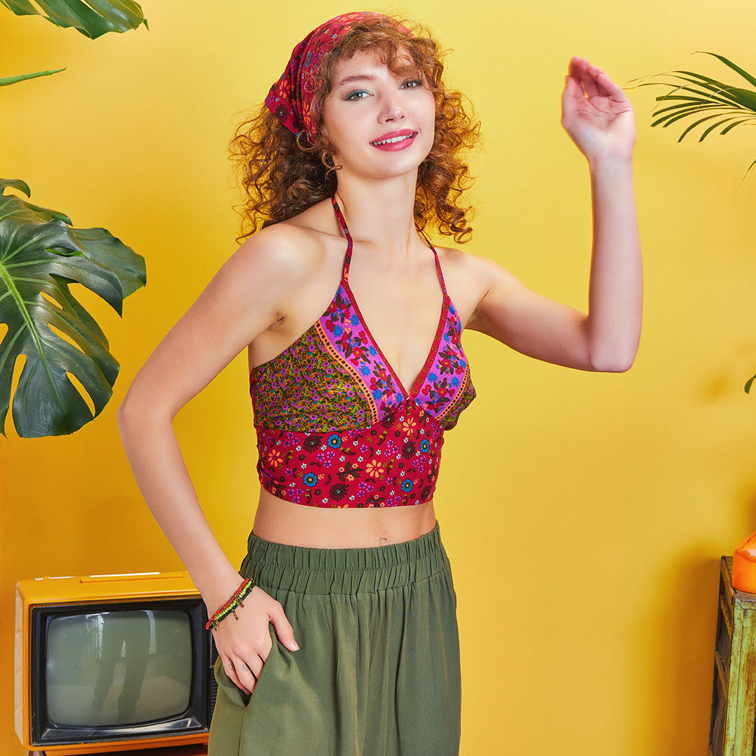 Gathered Tie Back Bust Cup Halter Authentic Print Crop Top