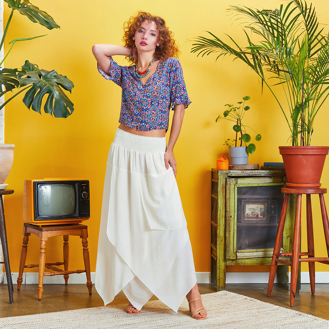 Smocked Waist Layered White Maxi Boho Skirt