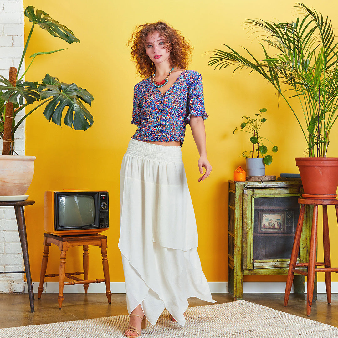 Smocked Waist Layered White Maxi Boho Skirt