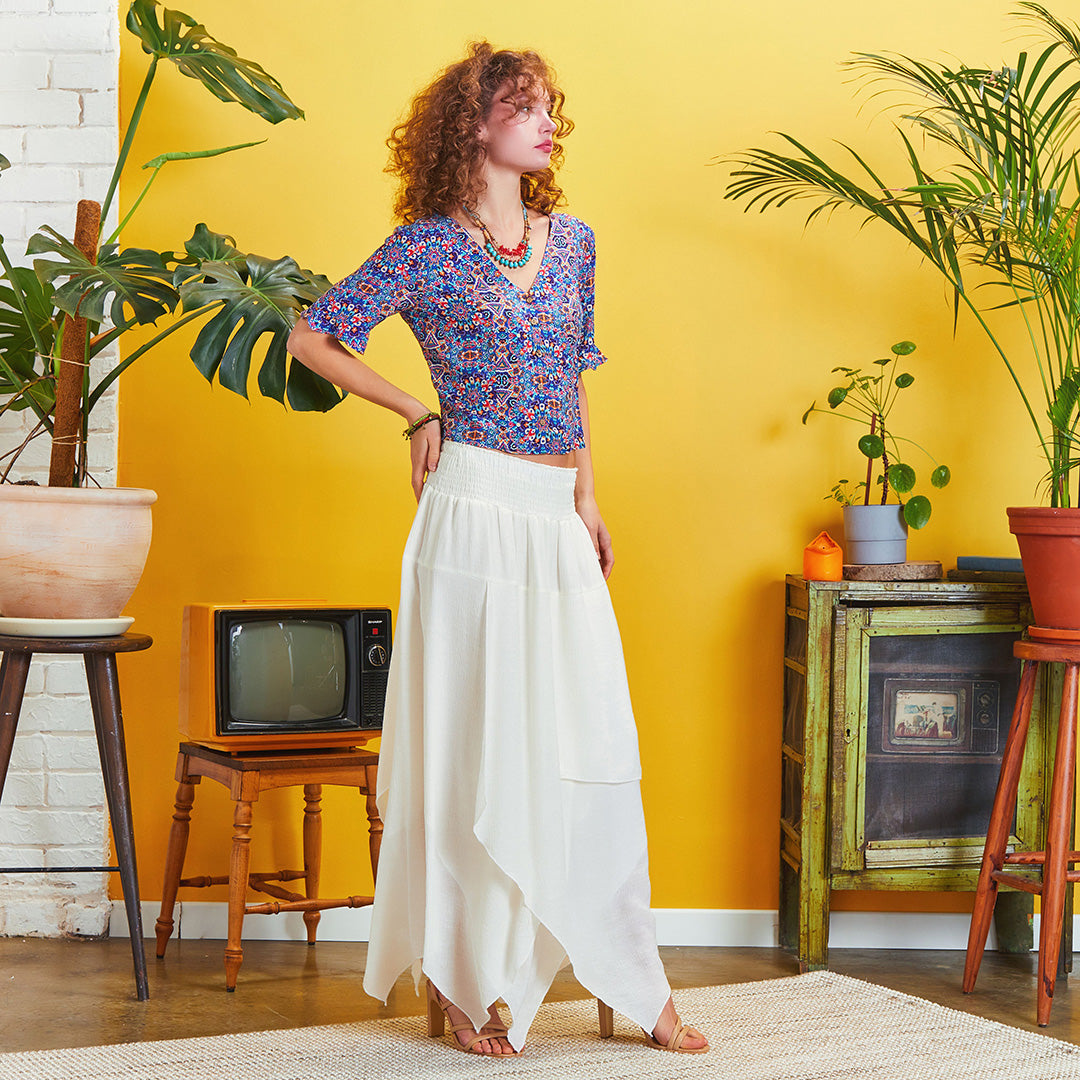 Smocked Waist Layered White Maxi Boho Skirt