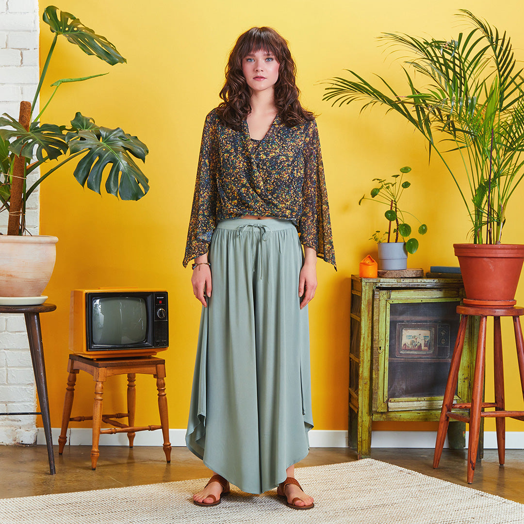 Boho Style Draw String Green Wide Leg Loose Pants