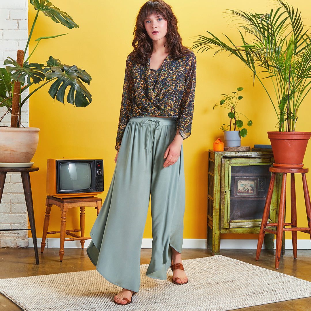 Boho Style Draw String Green Wide Leg Loose Pants