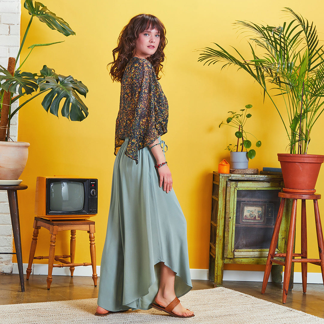 Boho Style Draw String Green Wide Leg Loose Pants