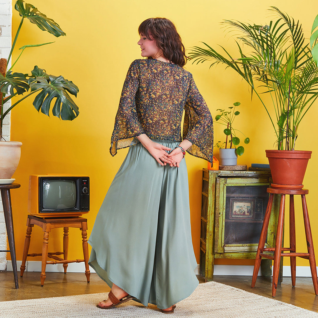 Boho Style Draw String Green Wide Leg Loose Pants