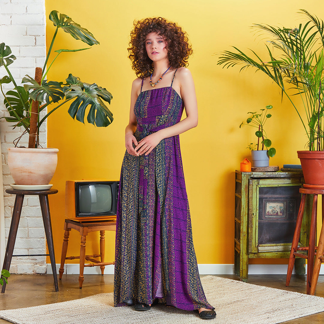 Purple Patterned Strappy Wrap Maxi Dress