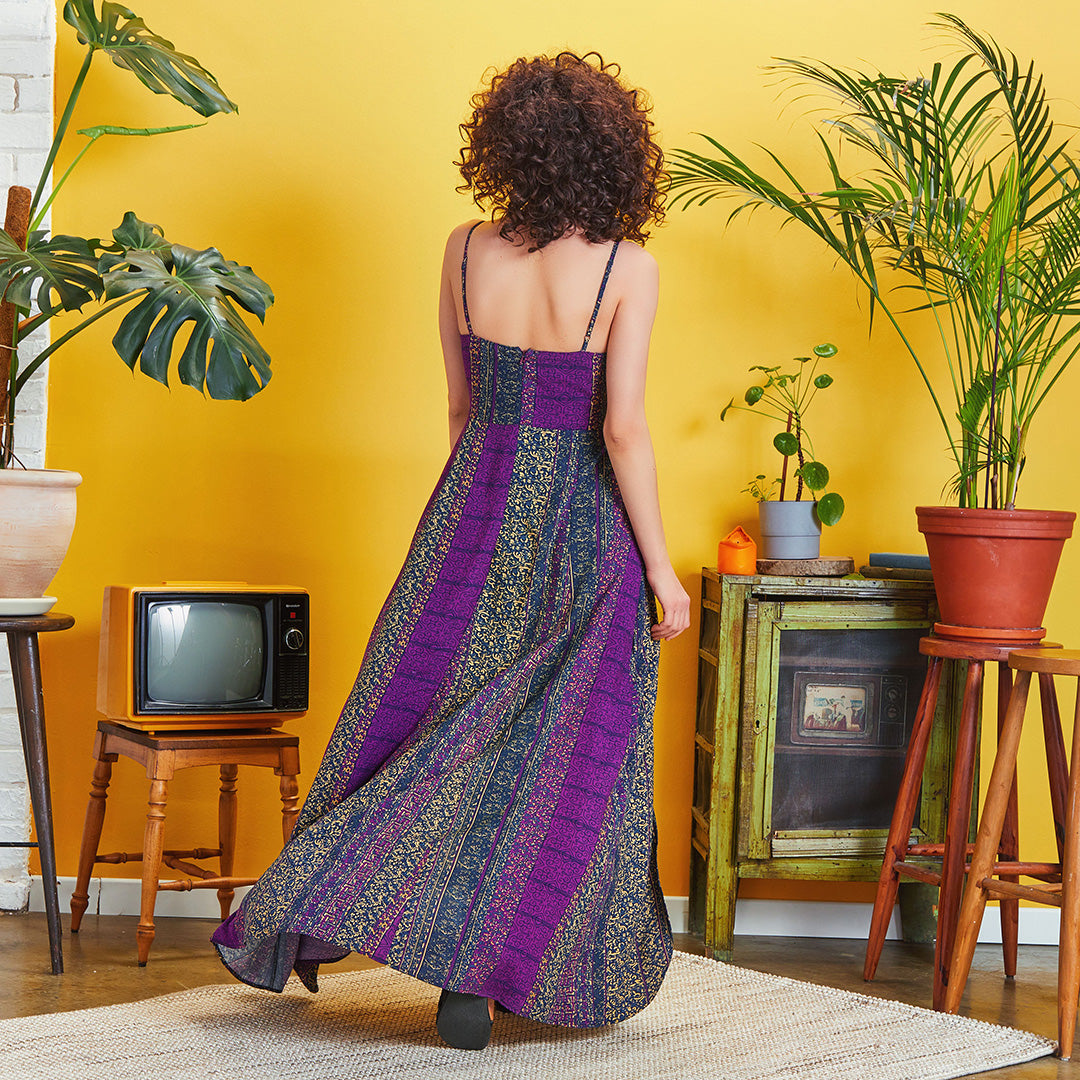 Purple Patterned Strappy Wrap Maxi Dress