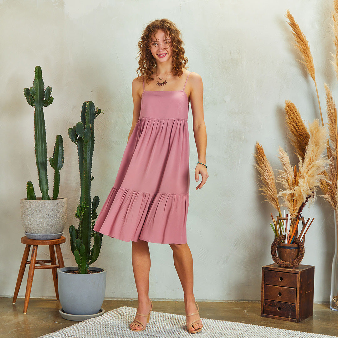 Strappy Square Neck Boho Style Tiered Pink Dress