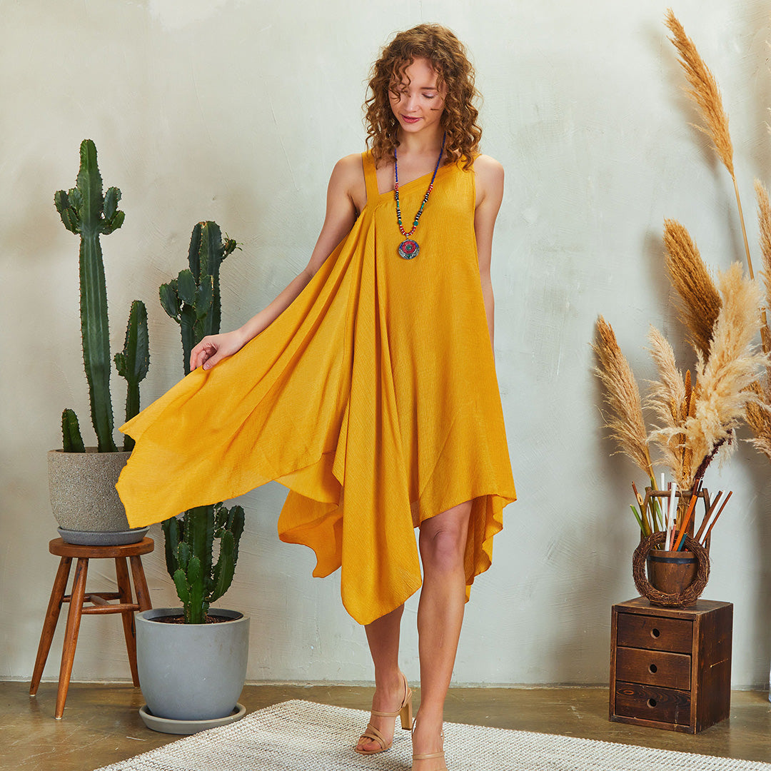 Loose Fit Midi Asymmetrical Yellow Dress