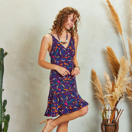 Frill Hem Purple Floral Boho Short Dress