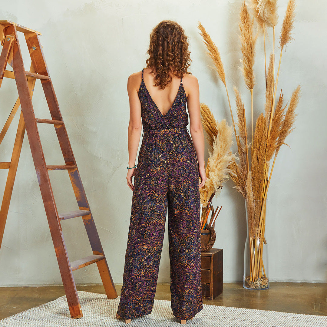 Wrap Open Back Tie Waist Print Wide Leg Jumpsuit Pants