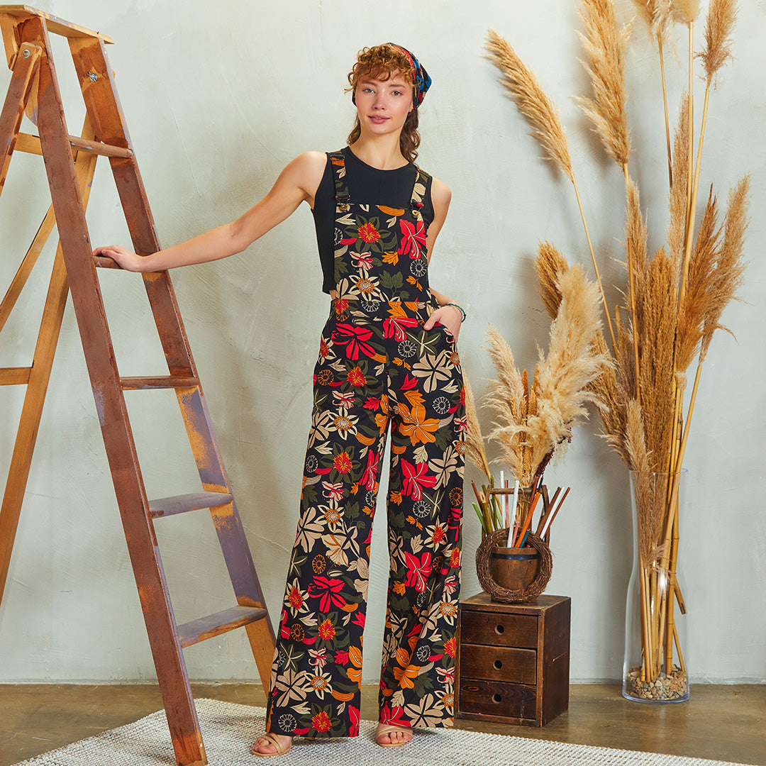 Floral Print Adjustable Buckle Straps Jumpsuit Pants