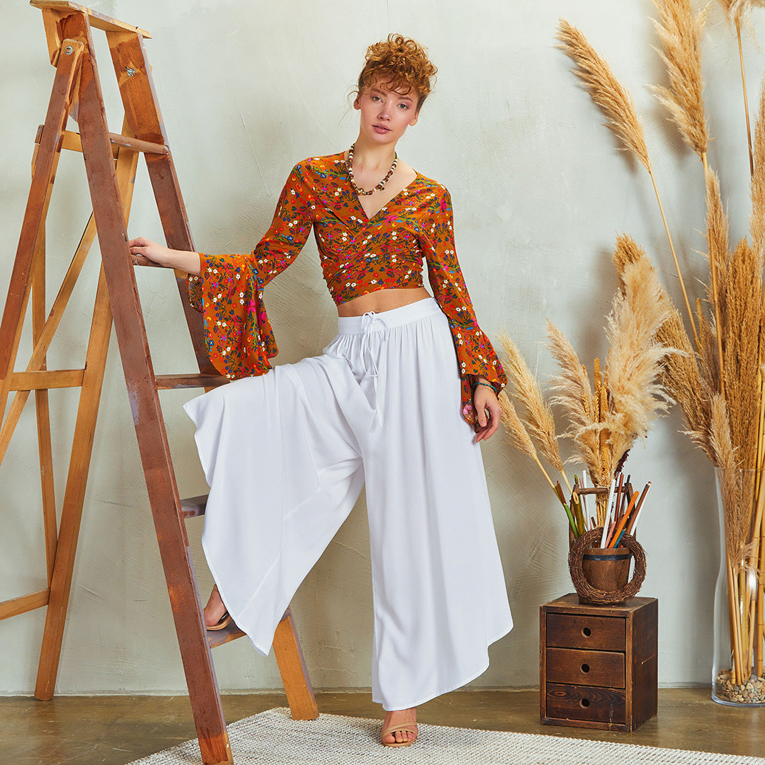 Boho Style Draw String White Wide Leg Loose Pants