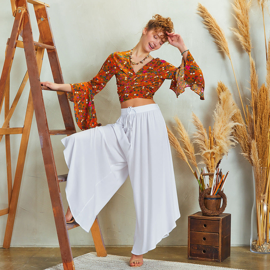 Boho Style Draw String White Wide Leg Loose Pants