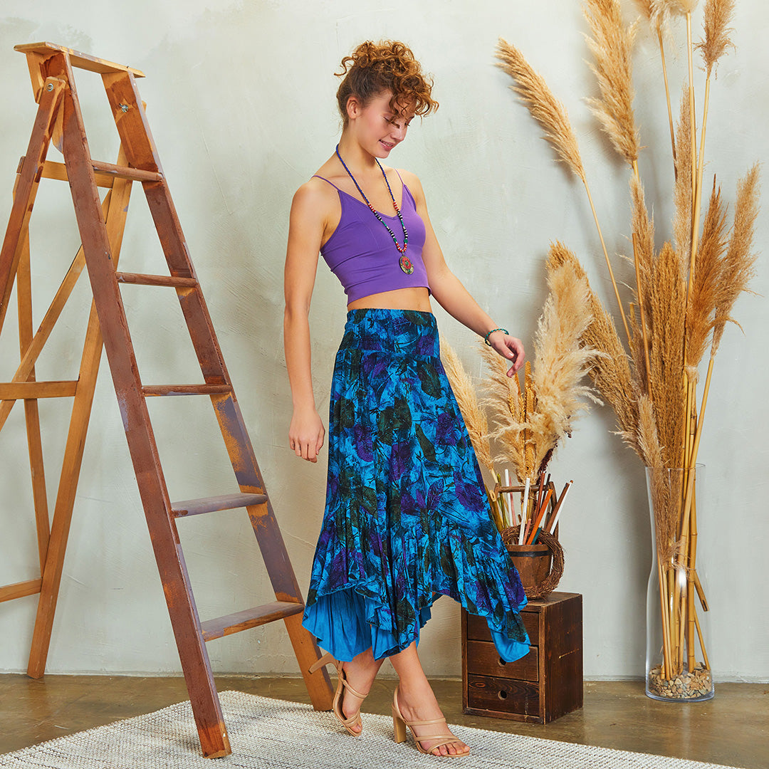 Shirred Waist Gypsy Style Ruffled Blue Patterned Midi Skirt