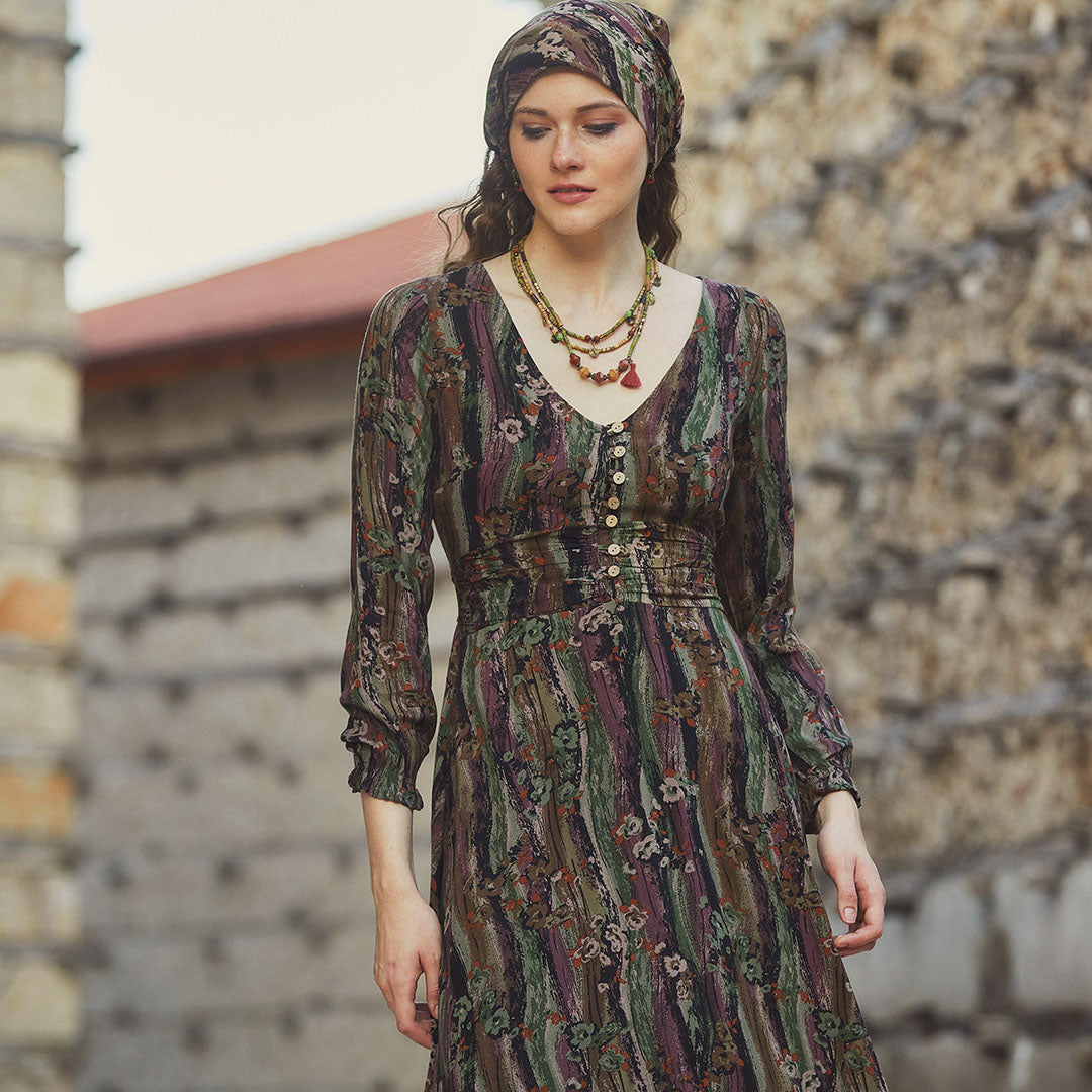 Boho Style Ruffle Sleeve Mink Patterned Dress