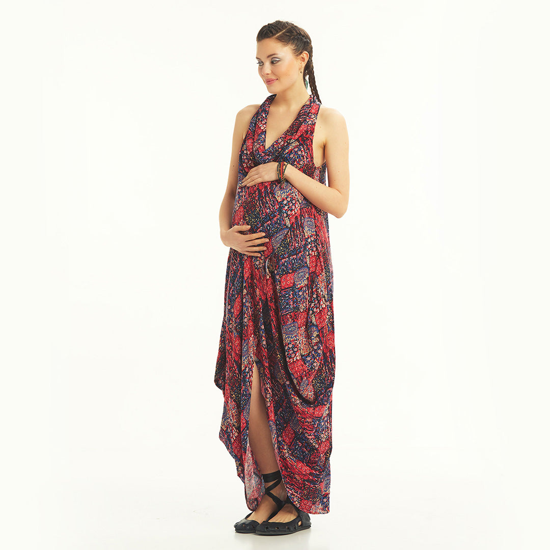 Bohemian Stylish Authentic Degaje Neck Red Patterned Maternity Dress