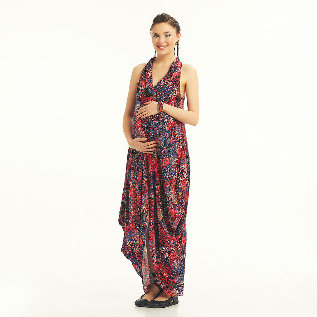 Bohemian Stylish Authentic Degaje Neck Red Patterned Maternity Dress
